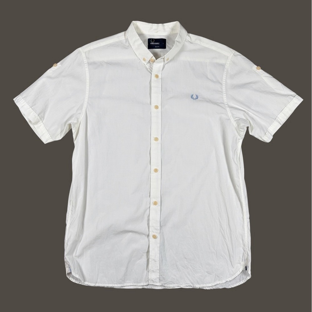 Fred Perry Shirt Mens Sz L Slim Fit Solid White Button Down Short Sleeve
